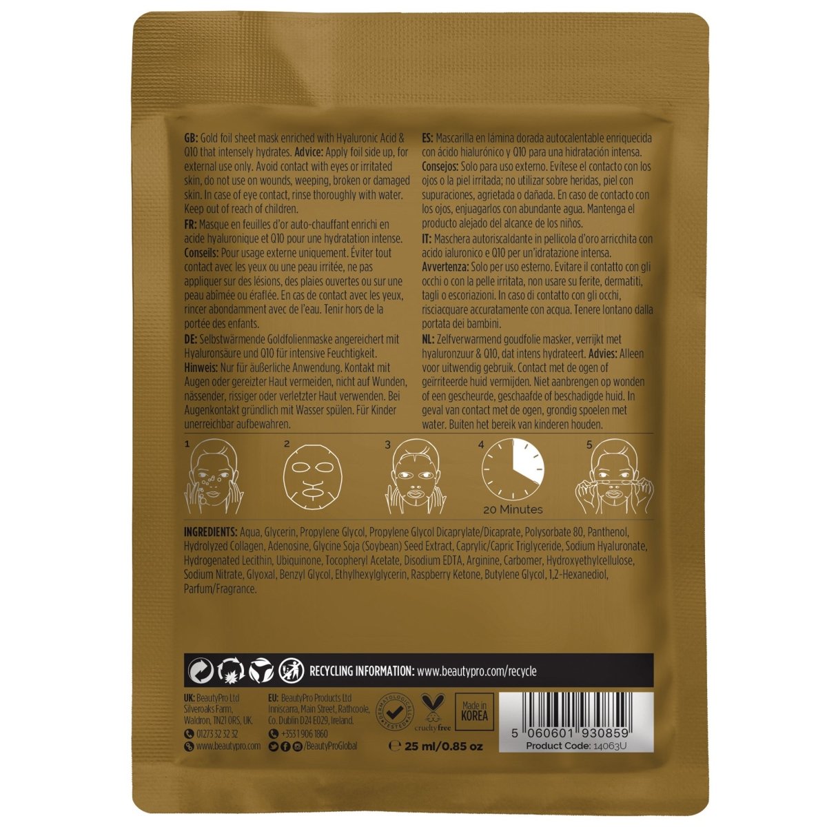 Beauty Pro HYALURONIC ACID Gold Foil Mask - La Para London